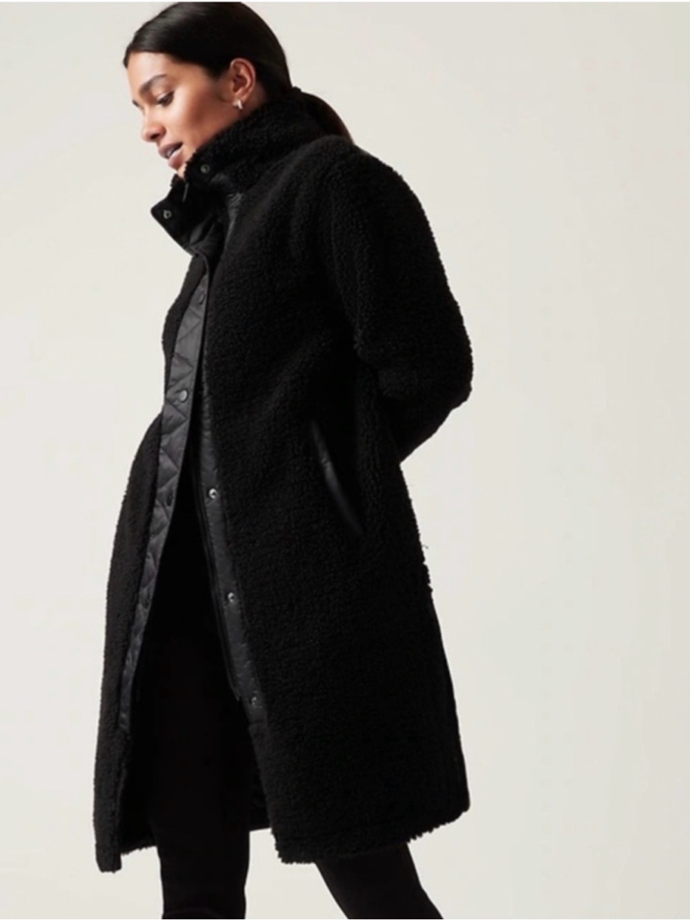 ATHLETA Cozy Day Fleece Hybrid Coat Women’s 2XL Black Longline Sherpa Quilted